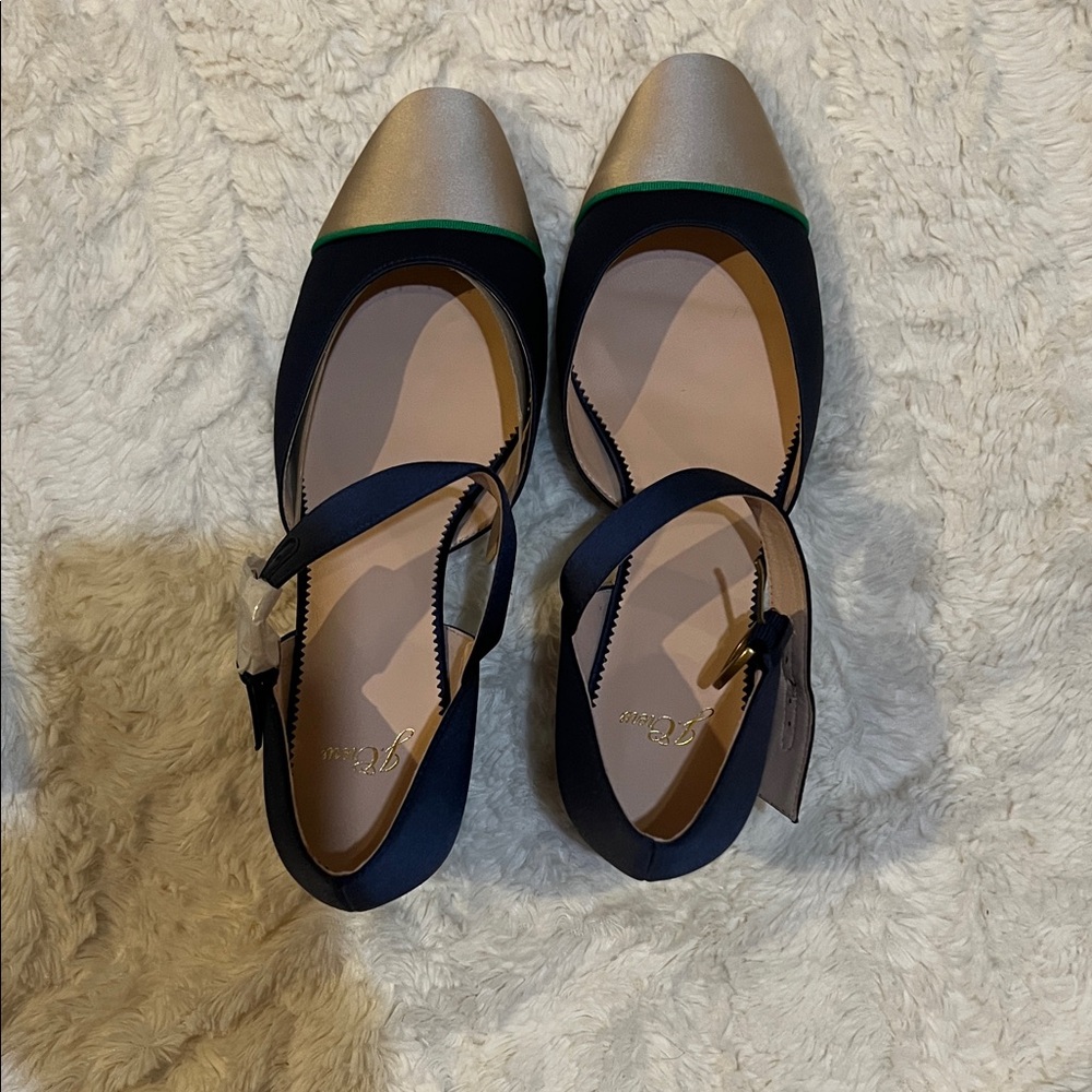 J. Crew Navy and Tan heel with Green Accent